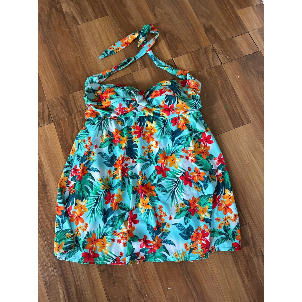Suddenly Slim by Catalina Tropical Floral Swim Dress Halter One Piece Blue 3X